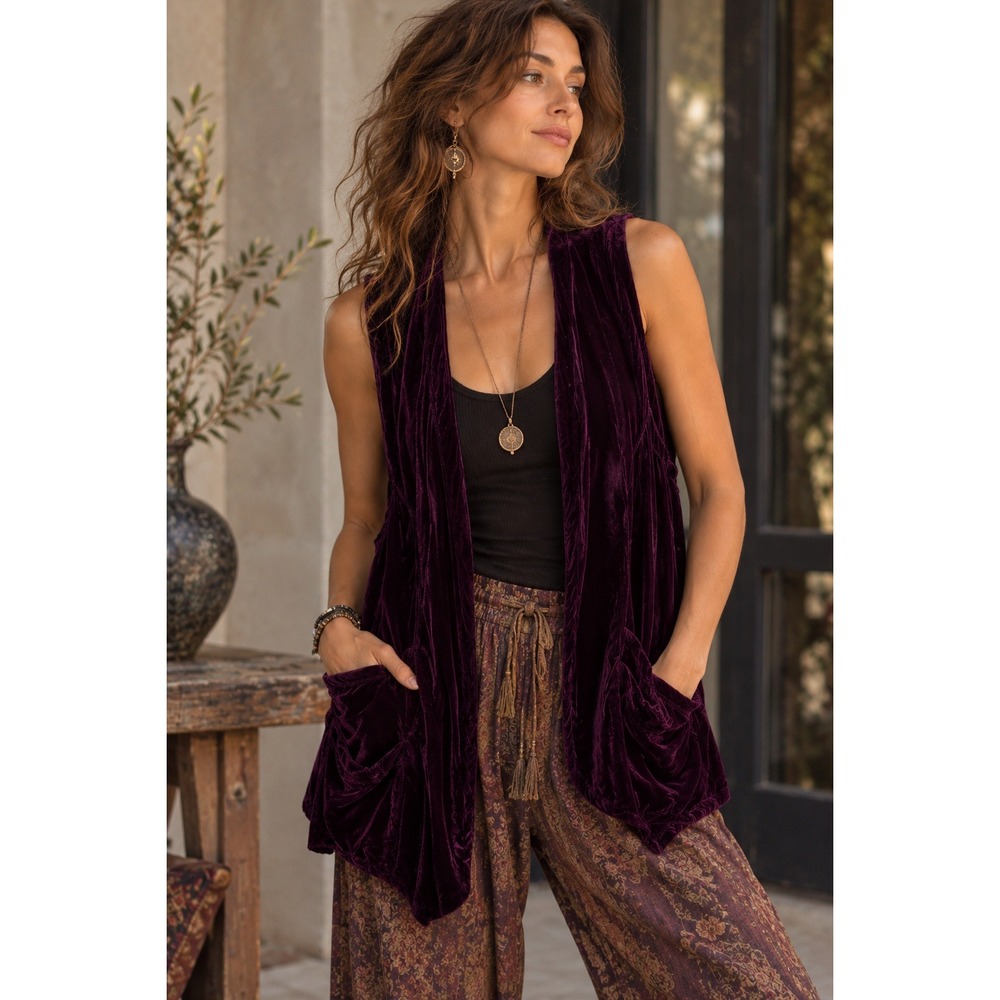 Tisa Velvet Vest Women Medium Purple Open Front Pockets Boho Whimsigoth Made USA